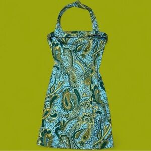 Vintage Y2K Blue and Green Paisley Halter Mini Dress